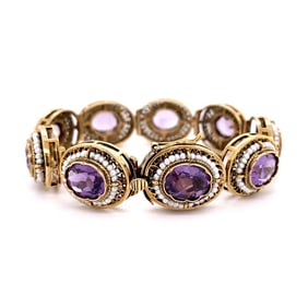 14K YG 27tcw Amethyst & Seed Pearl Link Bracelet 39.0g, 6.75"