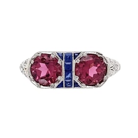 Platinum Art Deco Rubellite, Sapphire & Diamond Two-Stone Ring 3.7g