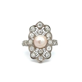 Platinum Art Deco Pearl & OEC Diamond Navette Ring 6.0 grams