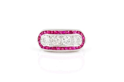 Platinum 1.20ct Diamond & Ruby French Cut Four-Stone Ring, Size 5.75, 3.3grams