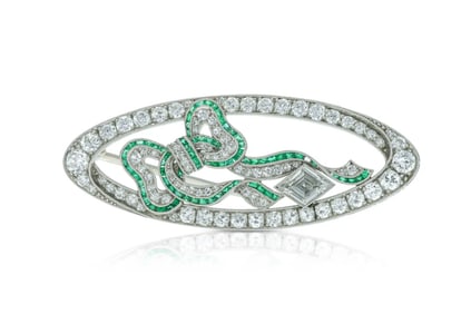 Antique Art Deco 1920s 3.00 Carat Diamond and Emerald Bow Brooch in Platinum