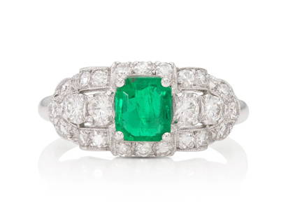 Antique Art Deco 1930s Granat 0.85 Carat Emerald Ring with Diamonds: Antique Art Deco 1930s Granat 0.85 Carat Emerald Ring with Diamonds finely crafted in platinum. Features a center Emerald cut Emerald weighing approximately 0.85 carat. Accented by Old European and Si
