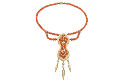 Antique Victorian Coral Beads Necklace with Diamonds, Circa 1800's