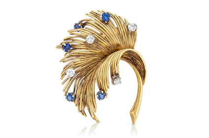 Vintage 1940s Retro Tiffany & Co. Leaf Brooch with Sapphires and Diamonds 11.9 g