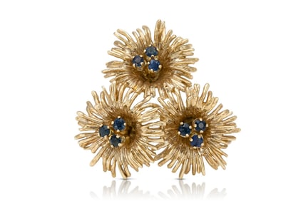 Vintage 1940s Retro Tiffany & Co. Gold Tri Flower Brooch with Sapphires 11.4g