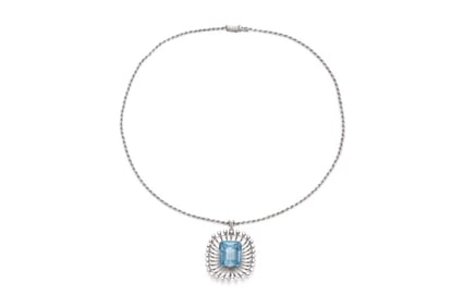 Vintage 1940s Retro Platinum Aquamarine Diamond Necklace
