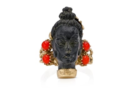 Vintage 1940s 14k Gold Blackamoor Coral Ring