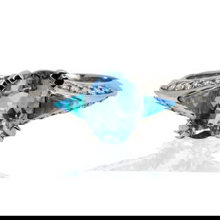 Kabana 14k White Gold Aquamarine, Opal and Diamond Ring 3.51g: Elevate your look with this stunning Kabana Aquamarine Ring in 14k white gold. Featuring a 1.00 carat aquamarine, inlaid opal accents, and 0.25 carats of round brilliant diamonds. • Aquamarine ce