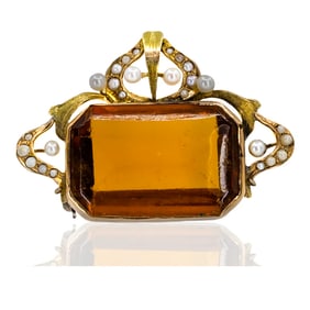 Vintage 14k Yellow Gold Seed Pearl Glass Brooch