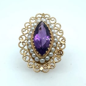 Mid-Century 14k Gold Amethyst Pearl Brooch