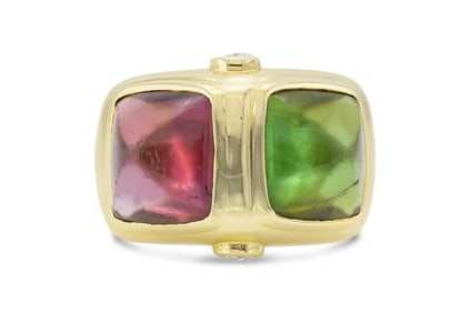 18k Gold Red & Green Sugarloaf Tourmaline Ring