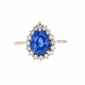 Platinum 2.85ct Ceylon Sapphire & Diamond Pear Halo Ring, 1980s