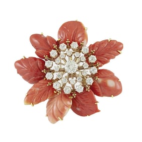 David Webb 18k Gold Coral Diamond Brooch