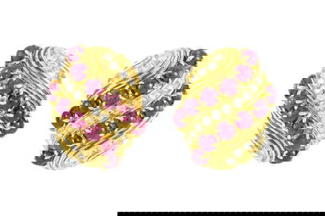 Harry Winston 18k Gold Ruby Diamond Earrings: Vintage 1980s Harry Winston cabochon ruby and diamond earrings finely crafted in 18k yellow gold with cabochon rubies (9.34 ct) and round brilliant diamonds (1.74 ct). Signed by Harry Winston Circa 19