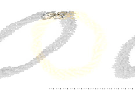 Tiffany & Co. Angela Cummings 18k Gold Mother of Pearl Bead Necklace: Vintage 1980s Tiffany & Co. Angela Cummings necklace crafted with mother of pearl beads and an 18k yellow gold and mother of pearl clasp, signed and collectible. - 16-inch length - Mother of pearl bea