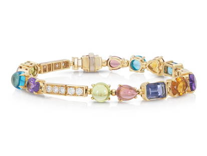 Bvlgari 18k Allegra Multi-Gem Bracelet: Vibrant Bvlgari Allegra bracelet, finely crafted in 18k yellow gold with faceted and cabochon semi-precious gemstones and round brilliant cut diamonds. - Signed Bvlgari, colorful Allegra design - Ital