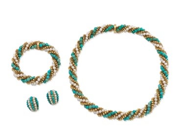 Van Cleef & Arpels 18k Turquoise Pearl Suite 1960s