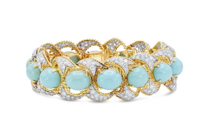 Vintage 18k Gold 1950s Turquoise Diamond Bracelet 71.3 grams