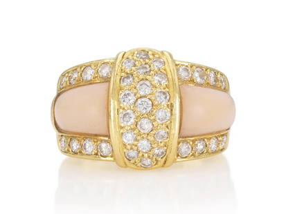 Van Cleef & Arpels 18K Coral Diamond Ring: Vintage 1960s Van Cleef & Arpels blush coral and diamond ring, a rare signed piece of fine French craftsmanship. - 18K yellow gold setting - Blush coral cabochon center - Round brilliant diamonds ~1.6