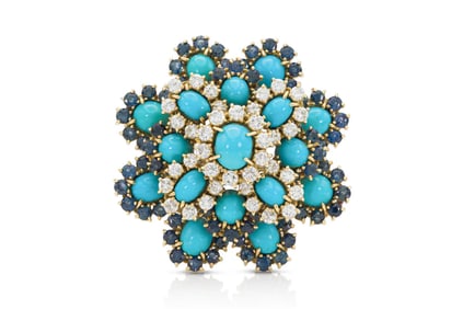 Vintage 18k Gold Turquoise Diamond Sapphire Brooch