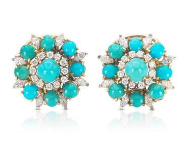 Vintage 18k Gold Turquoise Diamond Flower Earrings