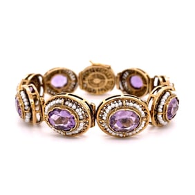 14K Gold Amethyst Seed Pearl Link Bracelet