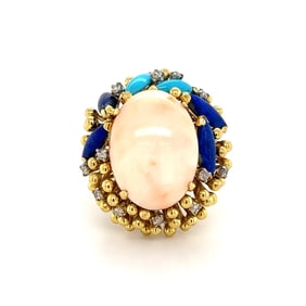 14K Gold Coral Lapis Turquoise Diamond Ring