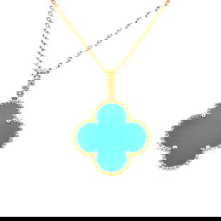 18K Gold Turquoise Alhambra Pendant Necklace: Elegant 18K yellow gold Alhambra-style pendant necklace featuring a turquoise quatrefoil motif, accented by a gold beaded border, on an 18-inch chain, weighing 9.0g. - Turquoise quatrefoil Alhambra-st