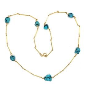 14K Gold Turquoise Nugget Station Necklace