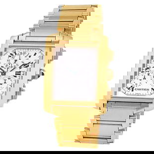 Cartier 18K Gold Tank Francaise Watch: Pre-owned Cartier Tank Francaise men's watch in 18k yellow gold with silver dial, date display, and quartz chronograph movement—an iconic luxury timepiece. - 18k yellow gold case and bracelet - Silv