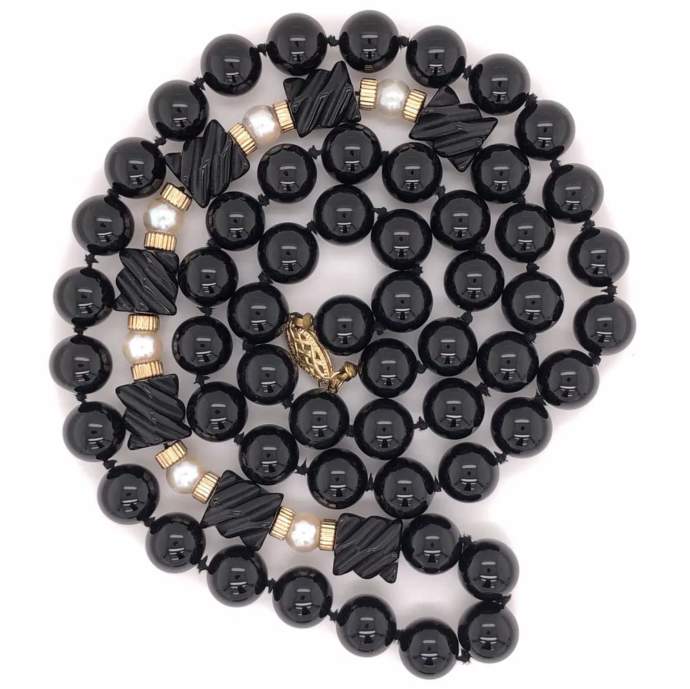 14K Gold Onyx Pearl Bead Necklace: Striking 14K yellow gold beaded necklace with elegant onyx spheres and luminous pearls — finished with gold rondels and a secure AHS clasp. 32 inches of timeless elegance. - 14K yellow gold beaded n
