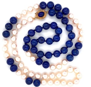 14K Gold Lapis & Pearl Necklace