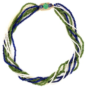 18K Gold Lapis, Pearl, Nephrite & Emerald Necklace