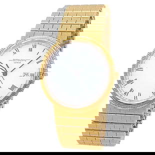 Patek 18K Gold Calatrava Quartz Watch: Iconic Patek Philippe Calatrava 3944/10 men's wristwatch crafted in 18K yellow gold, featuring quartz movement and classic white dial. A timeless expression of Swiss horological luxury. - Model: Calat