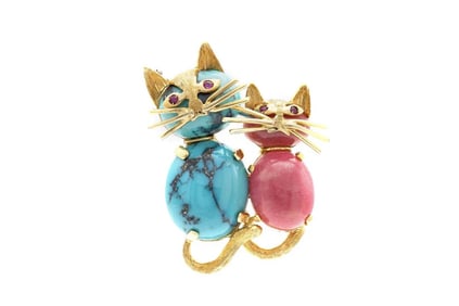Vintage 18k Gold Turquoise & Agate Cats Brooch