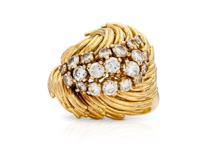 Vintage 18k Gold Diamond Feather Domed Ring