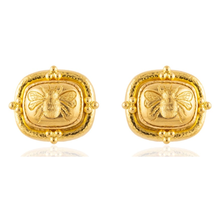 Elizabeth Locke 19k Gold Fat Bee Earrings: Elizabeth Locke 19k gold Triad Cushion "Fat Bee" earrings, measuring 20x22mm and weighing 22.42 grams. Signed designer statement jewel, collectible and substantial.- Signed: Elizabeth Locke- 19k gold-