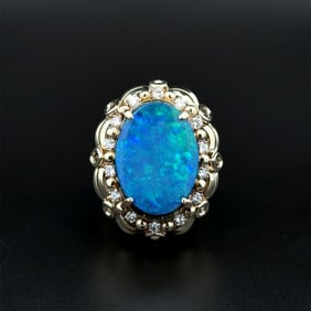 1960s 14k Gold Opal Doublet Diamond Dome Ring