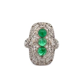 Art Deco Platinum Emerald OEC Diamond Dome Ring