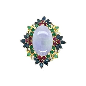 18k Gold 1960s Jade Ruby Sapphire Emerald Ring
