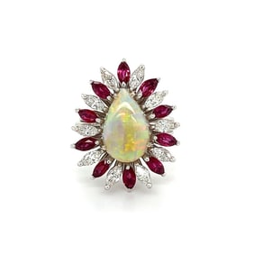 14k White Gold Opal Ruby Diamond Mid-Century Ring