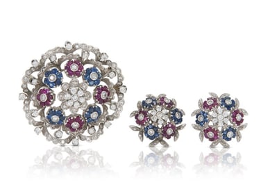 1950s Diamond Sapphire Ruby Brooch & Earrings Set