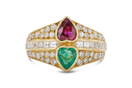 1980s 18k Gold Ruby Emerald Heart Diamond Ring