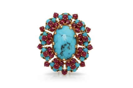 1940s French 18k Retro Turquoise Ruby Brooch