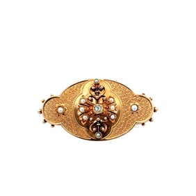 Victorian Revival 14k Gold Pearl Diamond Brooch