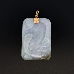14k Gold Carved Jadeite Squirrel Lotus Pendant