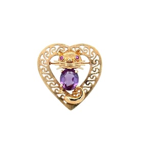 14k Gold Amethyst Ruby Cat Heart Brooch