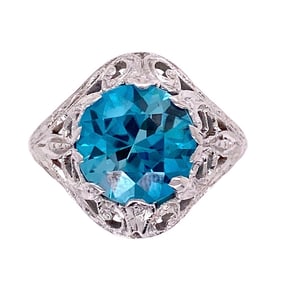 14k White Gold Art Deco Blue Zircon Ring