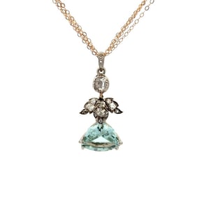Georgian Silver Gold Aquamarine Diamond Pendant Necklac
