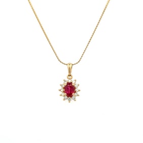 14k Gold Ruby Diamond Halo Pendant Necklace